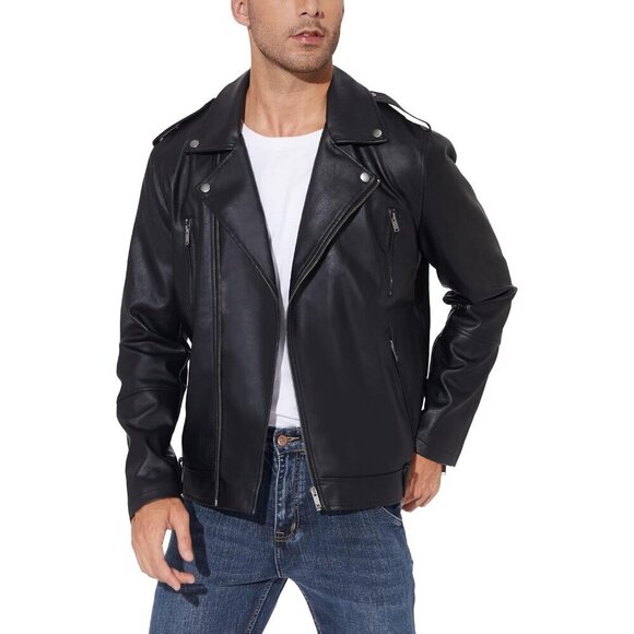 Men Black Faux Leather Biker Jacket Slim Fit Motorcycle Bomber Zip Up Coat